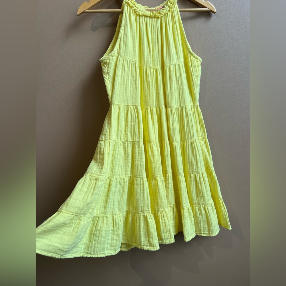 Elan Sunshine Yellow Cotton Tiered Halter Neck Dress W/ Ruffle Hem. Medium. - Picture 6 of 13
